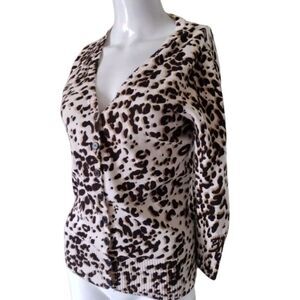 Eci Cardigan Women‎ Small Beige Tan Animal Print V Neck 3/4 Sleeve Button Front